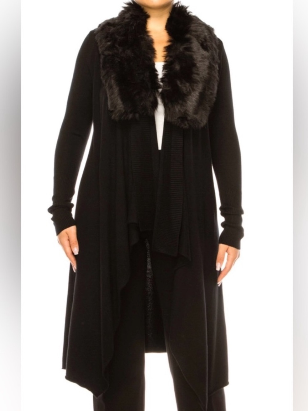 NWT Sioni Black Faux Fur Collar Cardigan Sweater Women’s Size Medium Longline